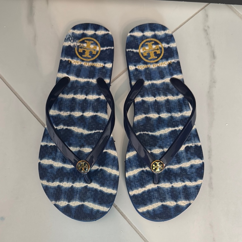 Tory Burch Blue and White Flip Flops